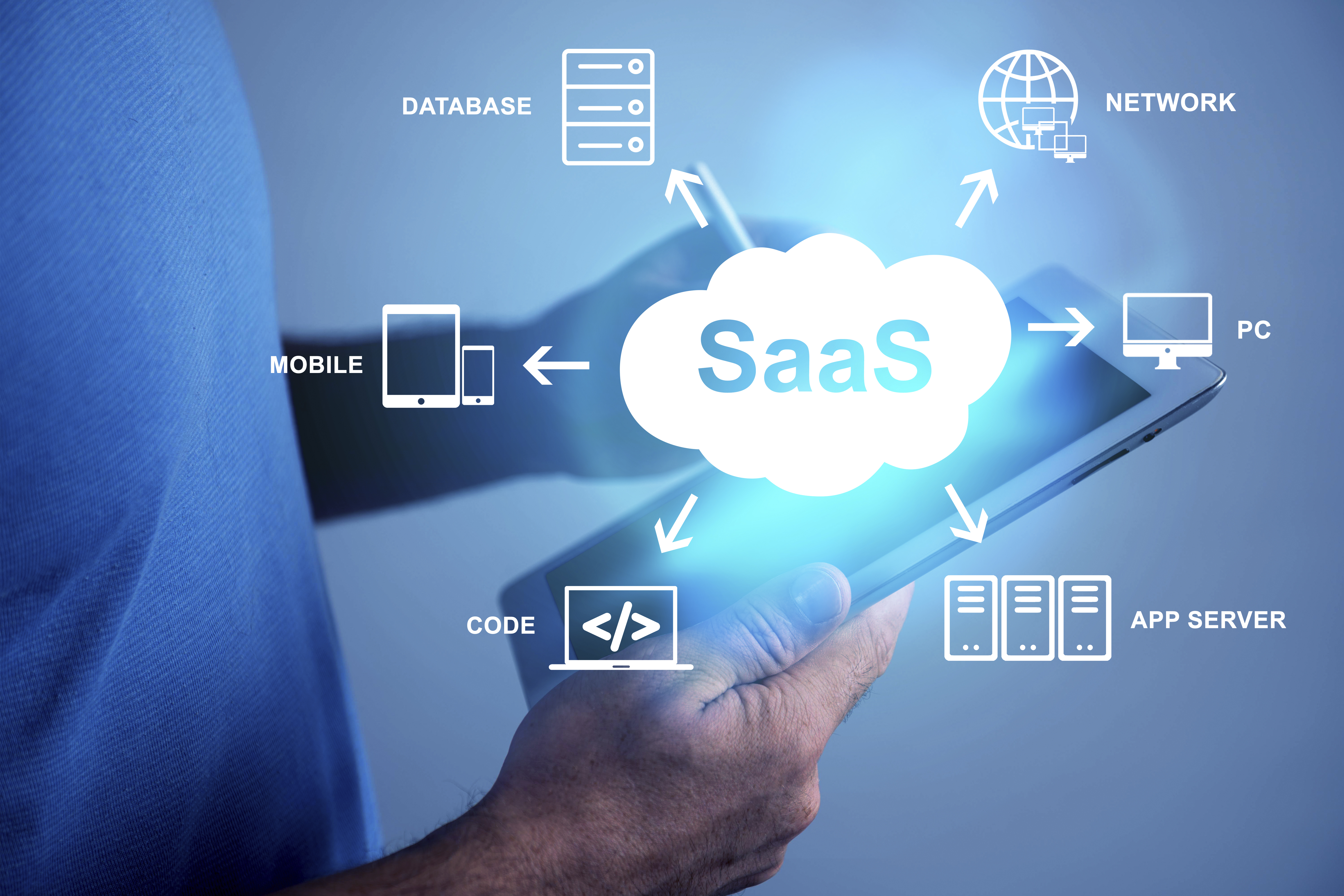 Software developer demonstrating SaaS platform to business client